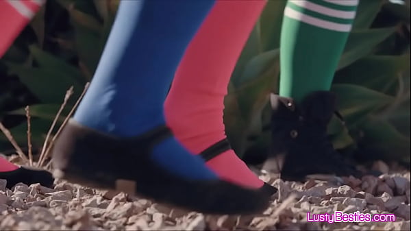 Cosplay girlfriends sharing dildo and cock